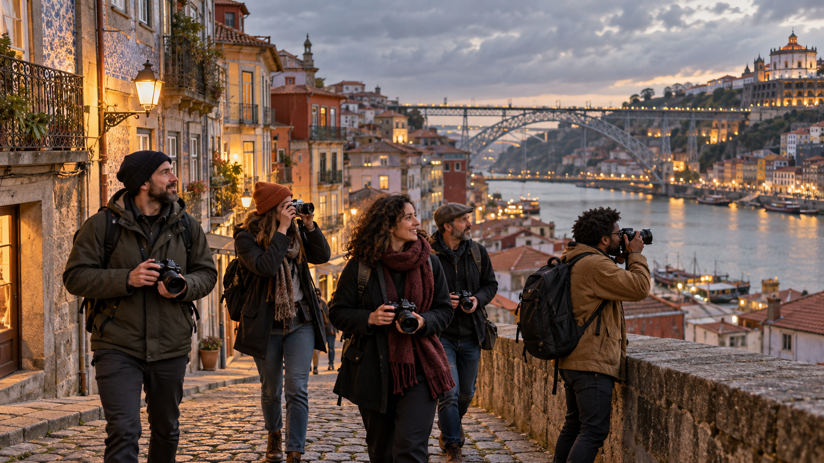 Grupo de fotógrafos numa saída fotográfica na zona histórica do Porto